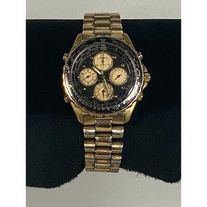 Vintage SEIKO FLIGHTMASTER Gold Black Chronograph Watch 7T34-6A09 NEW BATTERY